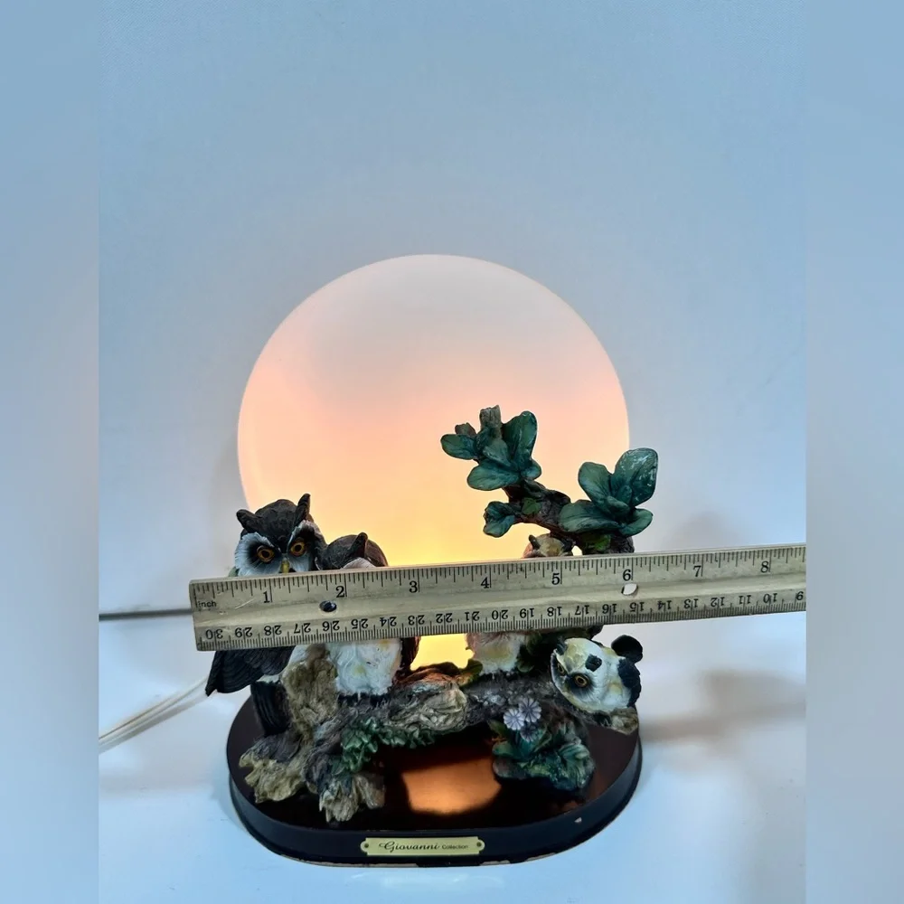 Vintage Resin Owl Family Statue Glass Moon Night Light Wild Life Scene Rare Find